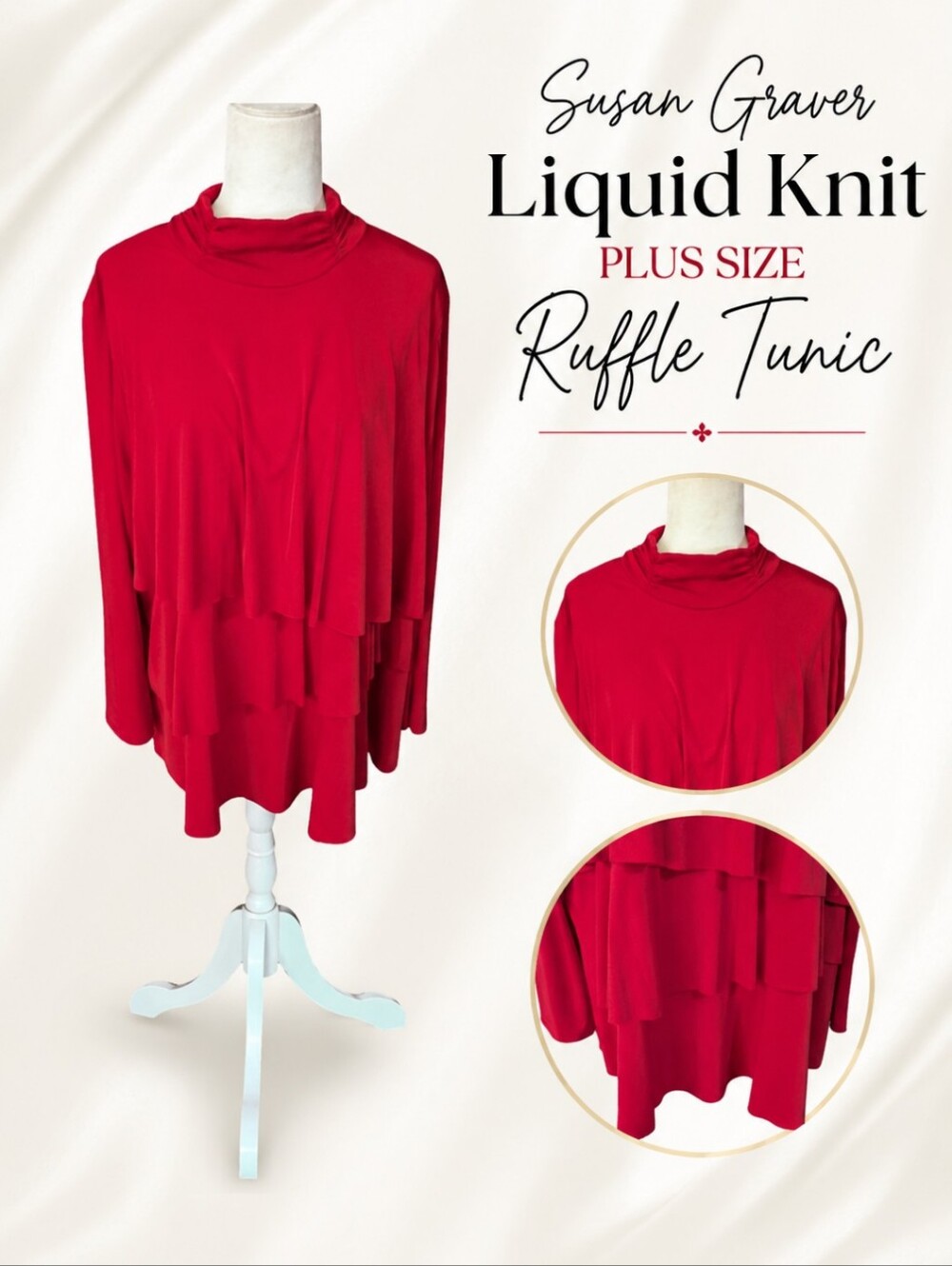 Susan Graver liquid Knit Red Tiered Ruched Neck Long Sleeve Tunic Plus Size 3x